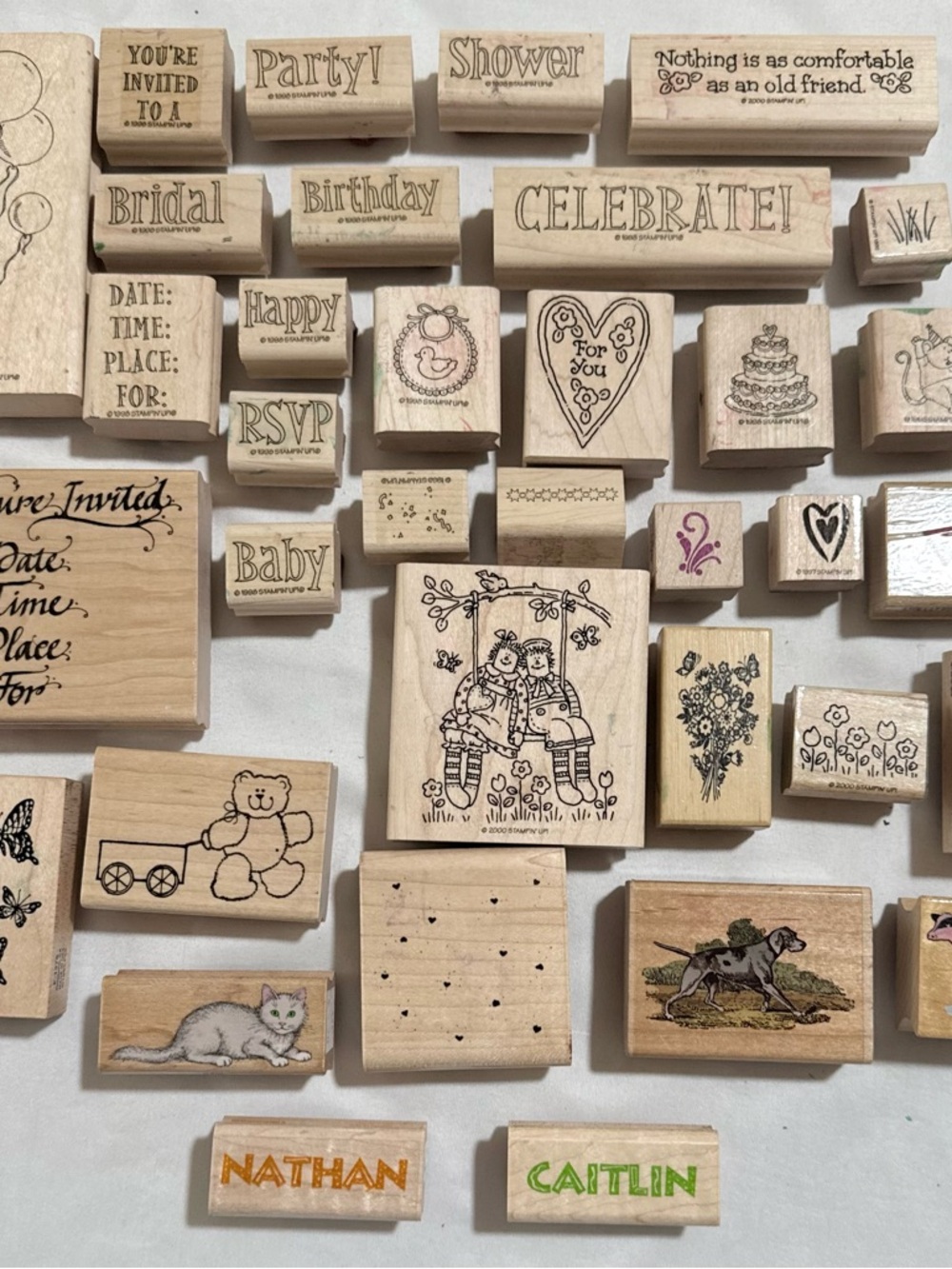 Vintage Wooden Mounted Rubber Stamps Wide Range Of Themes w/ Ink Pads Lot of 35